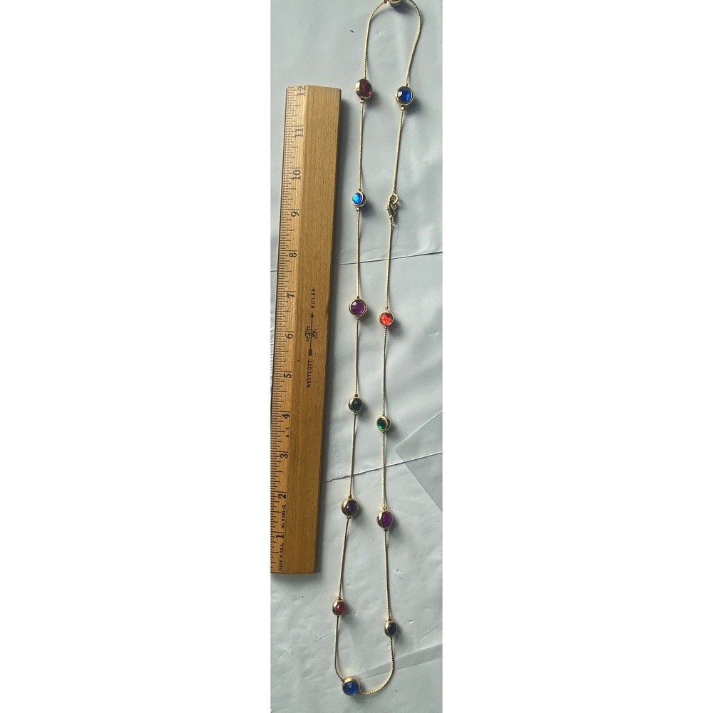 Gold Tone Multi Color Gemstone Station Necklace 30 Inches Adjustable